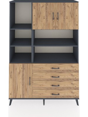 Dienni Hyperion Dolap 8 Raflı 4 Çekmeceli 3 Kapaklı 132X44X195 Antrasit-Çam/çam