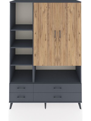 Dienni Hyperion Dolap 8 Raflı 4 Çekmeceli 2 Kapaklı 132X44X195 Antrasit-Çam/antrasit