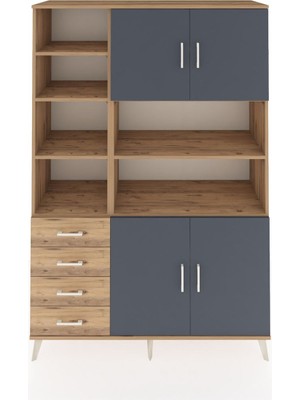 Dienni Hyperion Dolap 9 Raflı 4 Çekmeceli 4 Kapaklı 132X44X195 Çam-Antrasit/çam