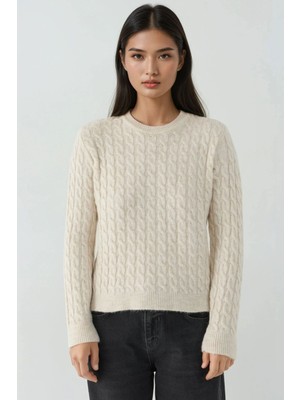 Hiccup Kadın Yuvarlak Yaka Kalın Saç Örgüsü Kazak Bej Doğal