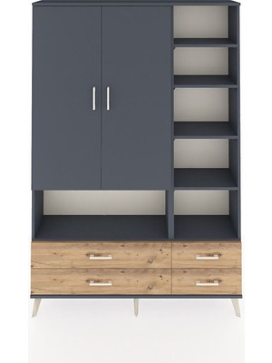 Dienni Arges Dolap 10 Raflı 4 Çekmeceli 2 Kapaklı 132X30X195 Antrasit-Antrasit/çam