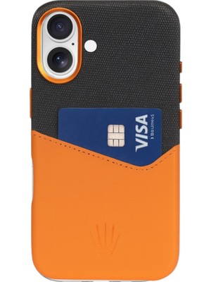 Watch of Royal Nova Iphone 16 Deri Kartlıklı Telefon Kılıfı Siyah-Turuncu
