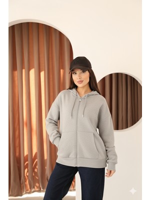 Moviment Gri Oversize Içi Polar ve Fermuar Detaylı Kapüşonlu Kadın Sweatshirt
