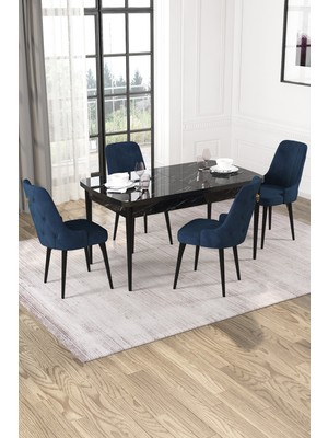 Baresmu Nice Siyah Mermer Desen 80X132 Açılabilir Mdf Masa Yemek Odası Takımı, Mutfak Takımı 4 Adet Sandalye