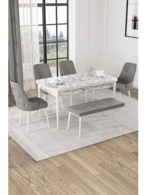 Baresmu Nice Beyaz Mermer Desen 80X132 Açılabilir Mdf Masa Yemek Odası Takımı, Mutfak Takımı 4 Adet Sandalye, 1 Bench