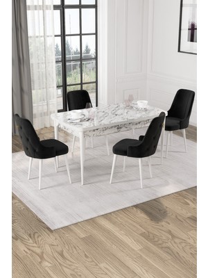 Baresmu Nice Beyaz Mermer Desen 80X132 Açılabilir Mdf Masa Yemek Odası Takımı, Mutfak Takımı 4 Adet Sandalye