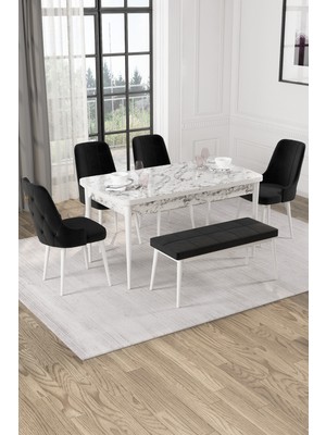 Baresmu Nice Beyaz Mermer Desen 80X132 Açılabilir Mdf Masa Yemek Odası Takımı, Mutfak Takımı 4 Adet Sandalye, 1 Bench