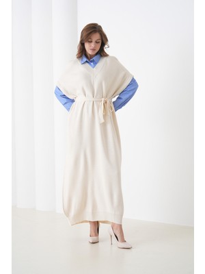 Mamayaga Kadın Uzun Kol Gömlek Yaka Içi Gömlekli Triko Kuşaklı Triko Spor Şık Elbise