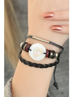 Efe Avm Siyah Renk Elif Vav Tasarım Çoklu Deri Bayan Bileklik - Lisinya
