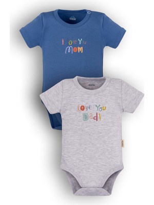 Overoz Organik %100 Pamuk I Love Mom Dad Anne Baba 2'li Bebek Body Set Çıtçıtlı Zıbın Ikili 5338-5339-M