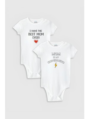 Overoz Organik %100 Pamuk Best Mom Anne Baskılı 2'li Bebek Body Set Badi Çıtçıtlı Zıbın Ikili 5813-5814