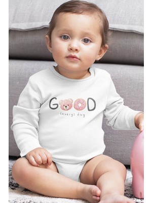 Overoz Organik %100 Pamuk Teddy Bear Good Baskılı Uzun Kollu Bebek Çıtçıtlı Body Badi Zıbın Tulum 5390