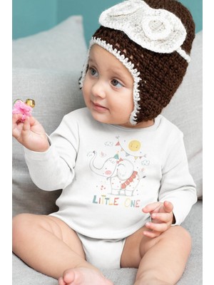 Overoz Organik %100 Pamuk Little One Fil Baskılı Uzun Kollu Bebek Çıtçıtlı Body Badi Zıbın Tulum 5436