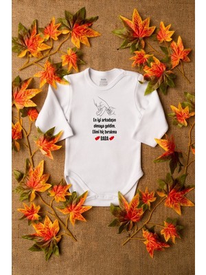 Overoz Unisex Organik %100 Pamuk Elimi Hiç Bırakma Baba Baskılı Uzun Kollu Body Zıbın 5176