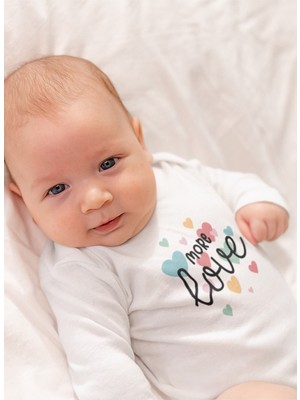 Overoz Organik %100 Pamuk More Love Baskılı Uzun Kollu Bebek Çıtçıtlı Body Badi Zıbın Tulum 5372