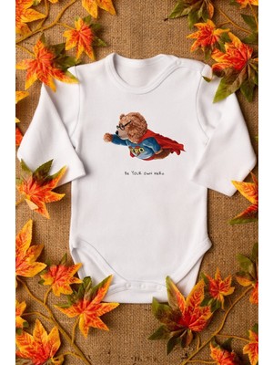 Overoz Organik %100 Pamuk Teddy Bear Super Hero Uzun Kollu Bebek Çıtçıtlı Body Badi Zıbın Tulum 5365