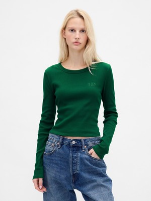Gap Kadın Yeşil Ribana Crop Bisiklet Yaka T-Shirt