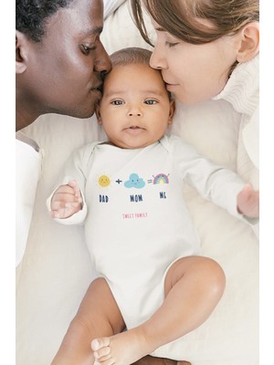 Overoz Organik %100 Pamuk Dad Mom Me Anne Baba Baskılı Uzun Kollu Çıtçıtlı Bebek Body Badi Zıbın Tulum 5542