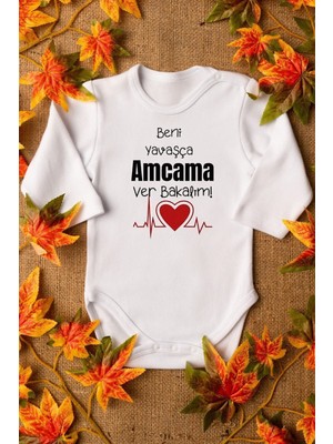 Overoz Organik %100 Pamuk Beni Yavaşça Amcama Ver Desenli Uzun Kollu Çıtçıtlı Bebek Body Badi Zıbın 5589