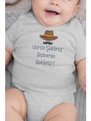 Overoz Organik %100 Pamuk Babamla Bekleriz Baskılı Bebek Body Çıtçıtlı Badi Zıbın Tulum 5881-BABA-G