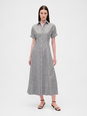 Gap Kadın Siyah Beyaz Çizgili Poplin Roll-Cuff Midi Gömlek Elbise