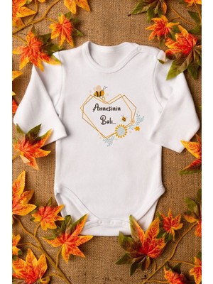 Overoz Organik Annesinin Balı Baskılı Uzun Kollu Bebek Body %100 Pamuk Çıtçıtlı 5158