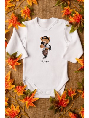 Overoz Organik %100 Pamuk Teddy Bear Selfie Baskılı Bebek Body Uzun Kollu Çıtçıtlı Badi Zıbın 5222