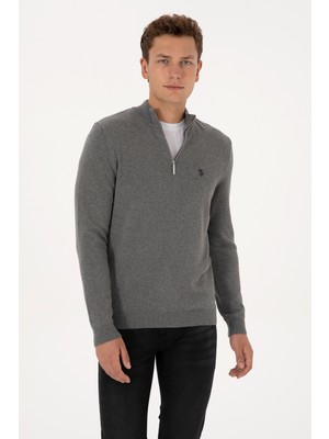 U.S. Polo Assn. Erkek Slim Fit Yarım Fermuarlı Gri Melanj Basic Kazak 50313695-VR109