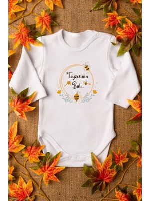 Overoz Organik %100 Pamuk Teyzesinin Balı Baskılı Uzun Kollu Beyaz Bebek Body Çıtçıtlı Badi Zıbın 5159