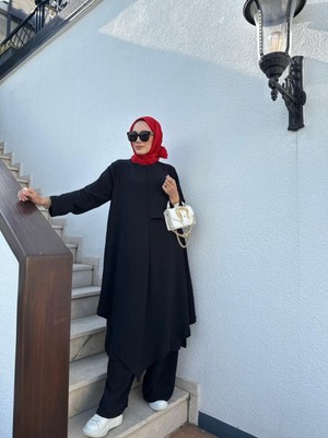 Ns Moda Tesettür Asimetrik Tunik Pantolon Takım Siyah