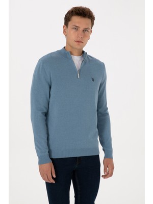 U.S. Polo Assn. Erkek Slim Fit Yarım Fermuarlı Mavi Basic Kazak 50313695-VR251