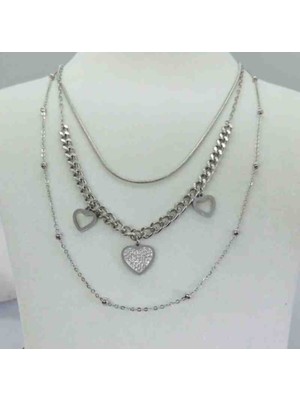 Ödül Moda Çelik Silver 3 Zincir Zirkon Taşlı Kalpli Kolye