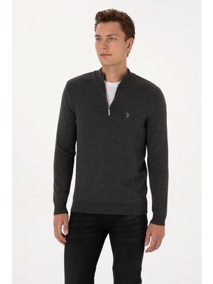 U.S. Polo Assn. Erkek Slim Fit Yarım Fermuarlı Antrasit Melanj Basic Kazak 50313695-VR081