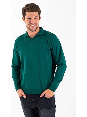 Erkek Polo Yaka Geniş Şeritli Triko Kazak Yeşil - K-2603
