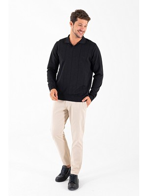 Erkek Polo Yaka Geniş Şeritli Triko Kazak Siyah - K-2603