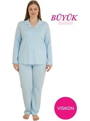 Bie's Kadın Mavi Büyük Beden Viskon Önden Düğmeli Gömlek Yaka Göğüs Cepli Uzun Kol Mevsimlik Pijama Takımı