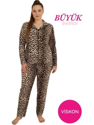 Bie's Kadın Leopar Büyük Beden Viskon Önden Düğmeli Gömlek Yaka Göğüs Cepli Uzun Kol Mevsimlik Pijama Takımı