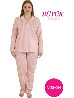 Bie's Kadın Pembe Büyük Beden Viskon Önden Düğmeli Gömlek Yaka Göğüs Cepli Uzun Kol Mevsimlik Pijama Takım
