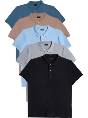Tudors Erkek 5'li Paket Siyah-Mavi-Gri-Vizon-Petrol Slim Fit Pamuklu Düz Pike Polo Yaka Tişört