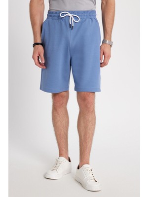 Tudors Erkek Relax Fit Rahat Kesim %100 Pamuk Beli Bağcıklı Mavi Şort