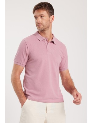 Tudors Erkek Slim Fit Dar Kesim Pamuklu Yumuşak Dokulu Serin Tutan Kumaş Düz Pike Lila Polo Yaka Tişört