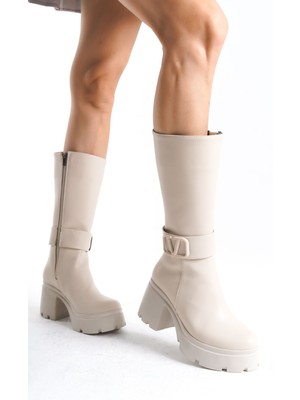 Limeo Yandan Fermuarlı V Logo Detaylı Yüksek Rahat Topuklu Kadın Krem Kısa Çizme