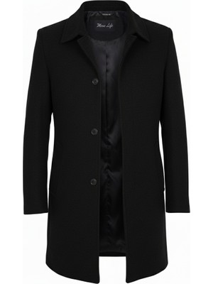 Mero Life Erkek Siyah Dar Kesim Yün Karışımlı Kaşe Gömlek Yaka Palto Kaban