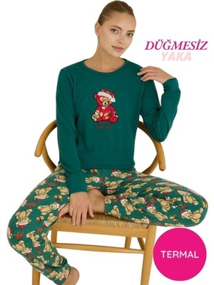 Bie's Kadın Yeşil Bisiklet Yaka Düğmesiz Bilekler Lastikli/Jogger Yumuşak Termal Kışlık Pijama Takımı