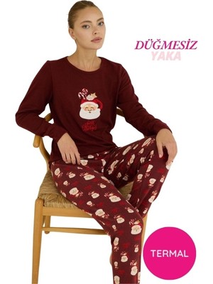 Bie's Kadın Bordo Bisiklet Yaka Düğmesiz Bilekler Lastikli/Jogger Yumuşak Termal Kışlık Pijama Takımı