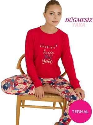 Bie's Kadın Kırmızı Bisiklet Yaka Düğmesiz Bilekler Lastikli/Jogger Yumuşak Termal Kışlık Pijama Takımı