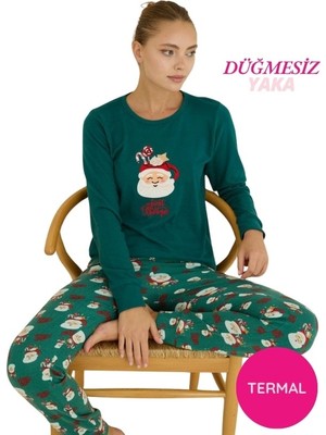 Bie's Kadın Yeşil Bisiklet Yaka Düğmesiz Bilekler Lastikli/Jogger Yumuşak Termal Kışlık Pijama Takımı