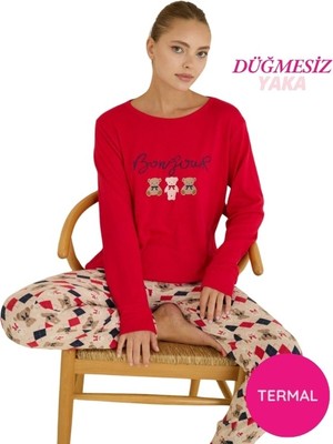 Bie's Kadın Kırmızı Bisiklet Yaka Düğmesiz Bilekler Lastikli/Jogger Yumuşak Termal Kışlık Pijama Takımı