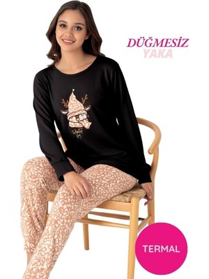 Bie's Kadın Siyah Bisiklet Yaka Düğmesiz Bilekler Lastikli/Jogger Yumuşak Termal Kışlık Pijama Takımı