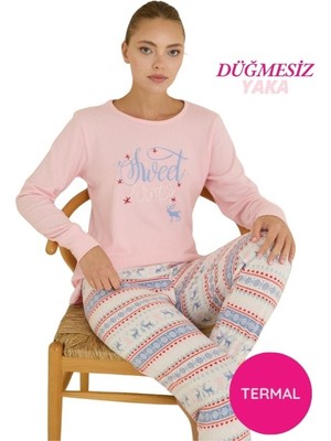 Bie's Kadın Pembe Bisiklet Yaka Düğmesiz Bilekler Lastikli/Jogger Yumuşak Termal Kışlık Pijama Takımı